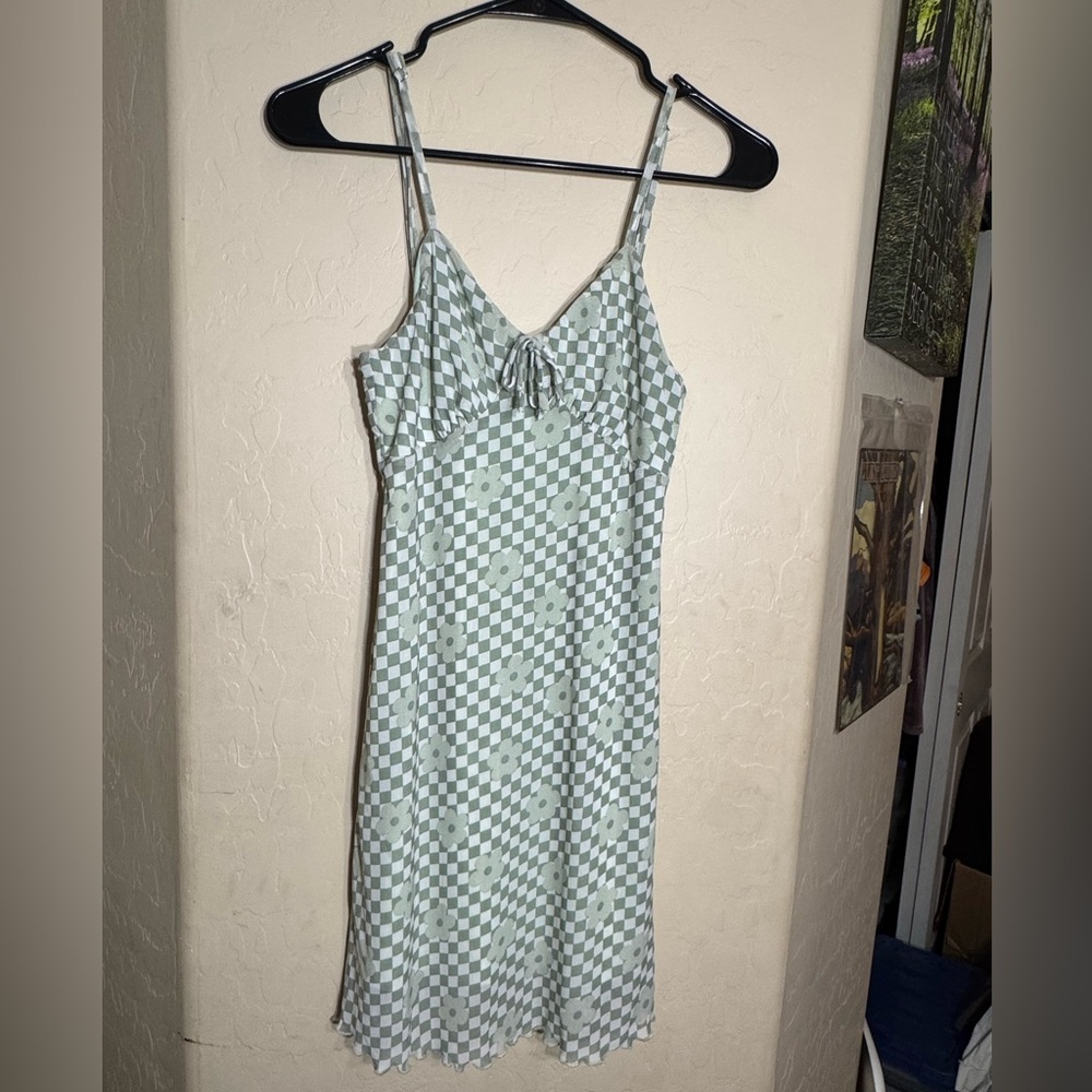 IJOAH Sage Green Checkered Floral Babydoll Slip Dress Y2K 90s Mini Adjustable S